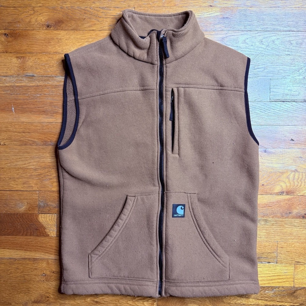 Carhartt V28 Vest Men Size Small Brown Textured Fleece Zip Map Pocket